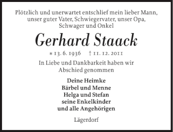 Traueranzeige von Gerhard Staack von Norddeutsche Rundschau