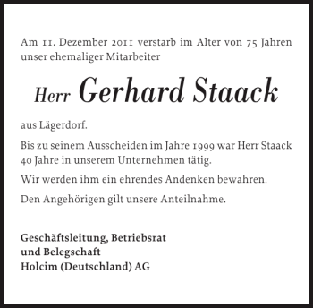 Traueranzeige von Gerhard Staack von Norddeutsche Rundschau