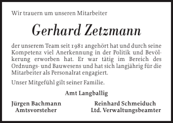Traueranzeige von Gerhard Zetzmann von Flensburger Tageblatt