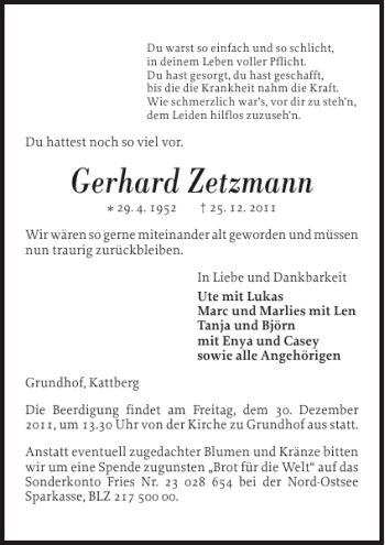 Traueranzeige von Gerhard Zetzmann von Flensburger Tageblatt