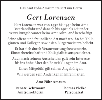 Traueranzeige von Gert Lorenzen von Der Insel-Bote