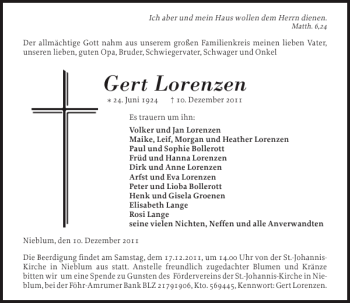 Traueranzeige von Gert Lorenzen von Der Insel-Bote