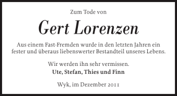Traueranzeige von Gert Lorenzen von Der Insel-Bote