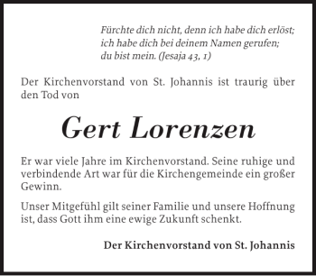 Traueranzeige von Gert Lorenzen von Der Insel-Bote