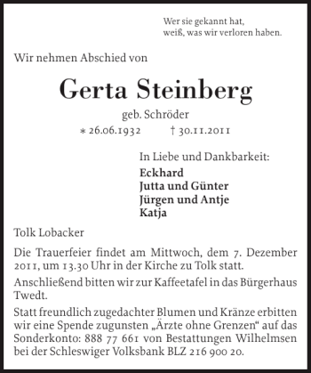 Traueranzeige von Gerta Steinberg von Schleswiger Nachrichten