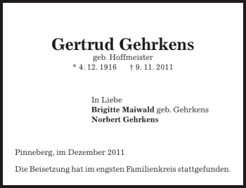 Traueranzeige von Gertrud Gehrkens von Pinneberger Tageblatt