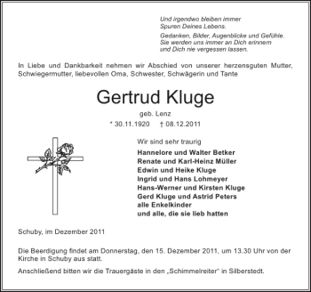 Traueranzeige von Gertrud Kluge von Schleswiger Nachrichten