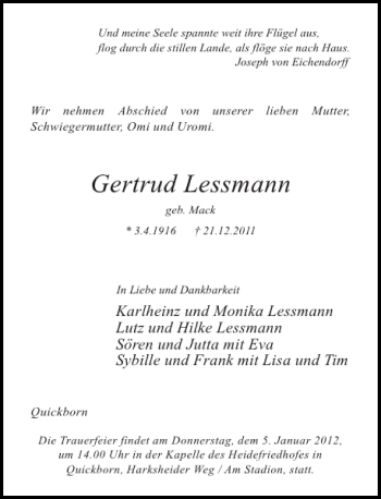 Traueranzeige von Gertrud Lessmann von Pinneberger Tageblatt