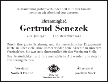 Traueranzeige von Gertrud Senczek von Holsteinischer Courier