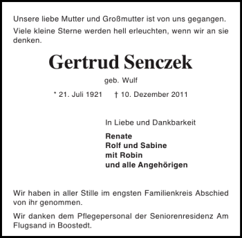 Traueranzeige von Gertrud Senczek von Holsteinischer Courier