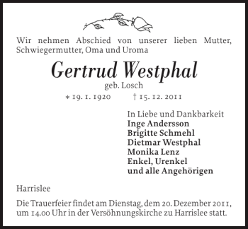 Traueranzeige von Gertrud Westphal von Flensburger Tageblatt