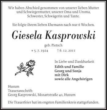 Traueranzeige von Giesela Kasprowski von Husumer Nachrichten