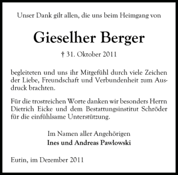Traueranzeige von Gieselher Berger von Ostholsteiner Anzeiger