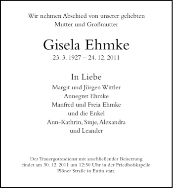 Traueranzeige von Gisela Ehmke von Ostholsteiner Anzeiger