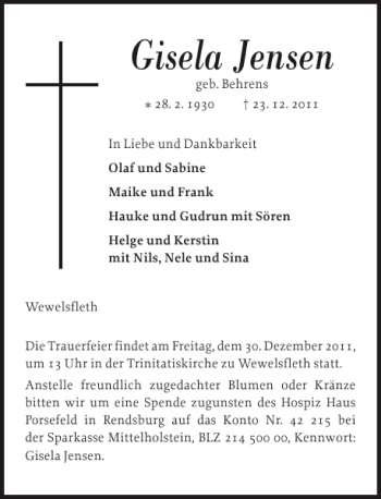 Traueranzeige von Gisela Jensen von Landeszeitung