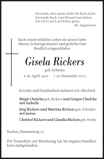 Traueranzeige von Gisela Rickers von Norddeutsche Rundschau