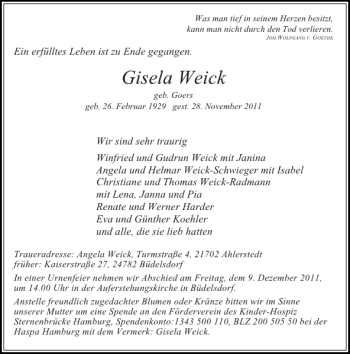 Traueranzeige von Gisela Weick von Landeszeitung