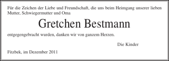 Traueranzeige von Gretchen Bestmann von Norddeutsche Rundschau