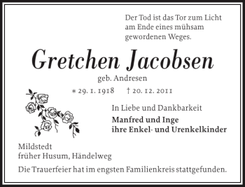 Traueranzeige von Gretchen Jacobsen von Husumer Nachrichten