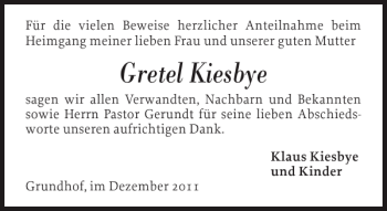 Traueranzeige von Gretel Kiesbye von Flensburger Tageblatt