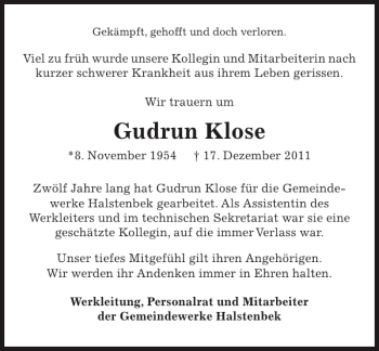Traueranzeige von Gudrun Klose von Pinneberger Tageblatt