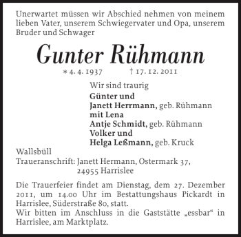 Traueranzeige von Gunter Rühmann von Flensburger Tageblatt