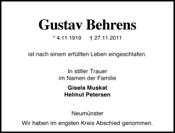 Traueranzeige von Gustav Behrens von Holsteinischer Courier