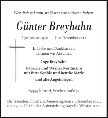 Traueranzeige von Günter Breyhahn von Norddeutsche Rundschau