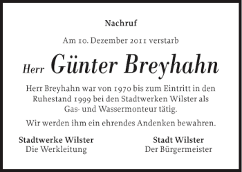 Traueranzeige von Günter Breyhahn von Norddeutsche Rundschau