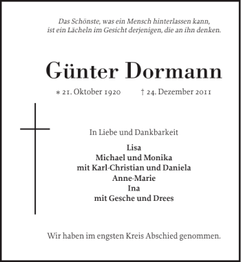 Traueranzeige von Günter Dormann von Elmshorner Nachrichten
