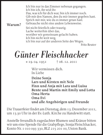 Traueranzeige von Günter Fleischhacker von Flensburger Tageblatt