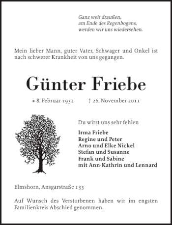 Traueranzeige von Günter Friebe von Elmshorner Nachrichten