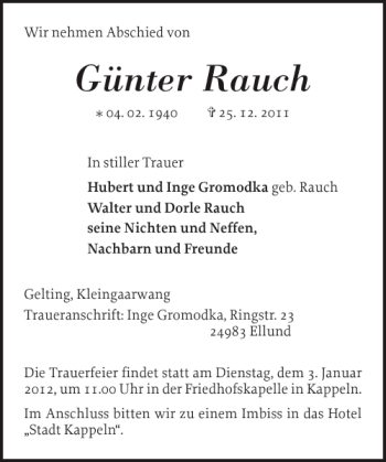 Traueranzeige von Günter Rauch von Flensburger Tageblatt