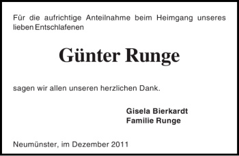Traueranzeige von Günter Runge von Holsteinischer Courier