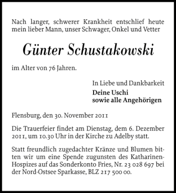 Traueranzeige von Günter Schustakowski von Flensburger Tageblatt
