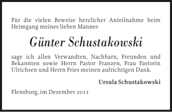 Traueranzeige von Günter Schustakowski von Flensburger Tageblatt