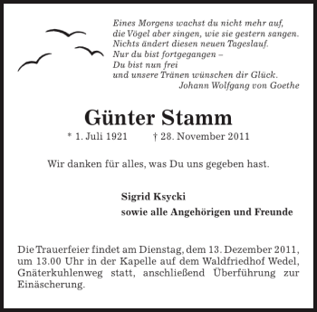 Traueranzeige von Günter Stamm von Pinneberger Tageblatt