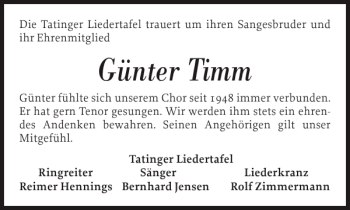 Traueranzeige von Günter Timm von Husumer Nachrichten
