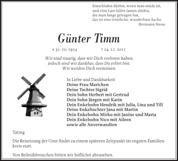 Traueranzeige von Günter Timm von Husumer Nachrichten