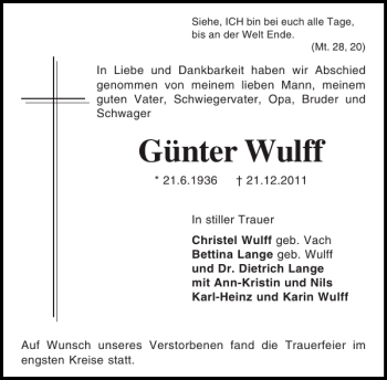 Traueranzeige von Günter Wulff von Holsteinischer Courier