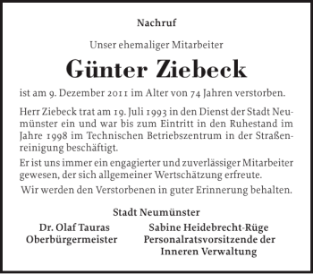 Traueranzeige von Günter Ziebeck von Holsteinischer Courier