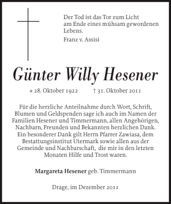 Traueranzeige von Günter Willy Hesener von Husumer Nachrichten