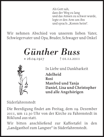 Traueranzeige von Günther Buss von Schleswiger Nachrichten