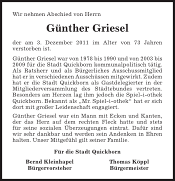 Traueranzeige von Günther Griesel von Pinneberger Tageblatt