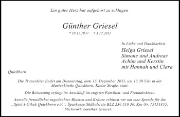 Traueranzeige von Günther Griesel von Pinneberger Tageblatt