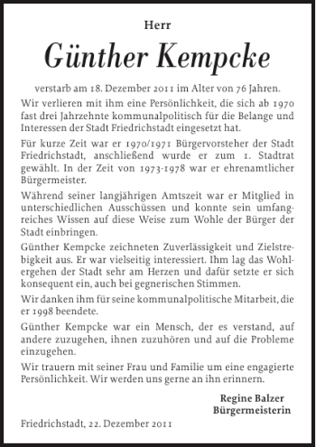 Traueranzeige von Günther Kempcke von Husumer Nachrichten