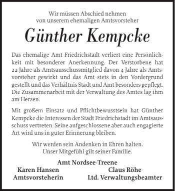 Traueranzeige von Günther Kempcke von Husumer Nachrichten