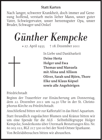 Traueranzeige von Günther Kempcke von Husumer Nachrichten