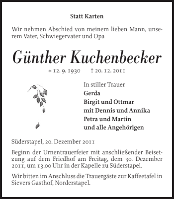 Traueranzeige von Günther Kuchenbecker von Husumer Nachrichten