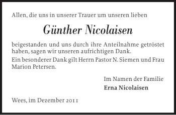 Traueranzeige von Günther Nicolaisen von Flensburger Tageblatt